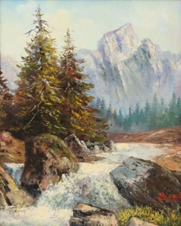 Appraisal: Framed oil on canvas painting Untitled Rushing Water Over Rocks