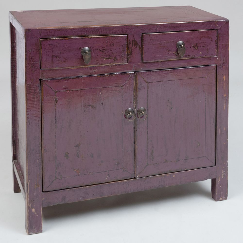 Appraisal: Chinese Burgundy Lacquer Side Cabinet Fitted with two short drawers