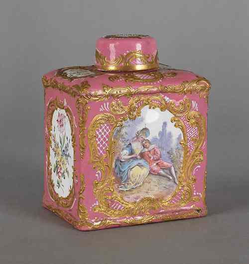 Appraisal: Continental enameled tea caddy th c having a central painted