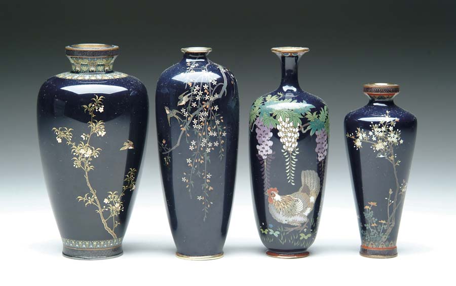 Appraisal: FOUR JAPANESE CLOISONN ENAMEL VASES in tapered vase with flowering