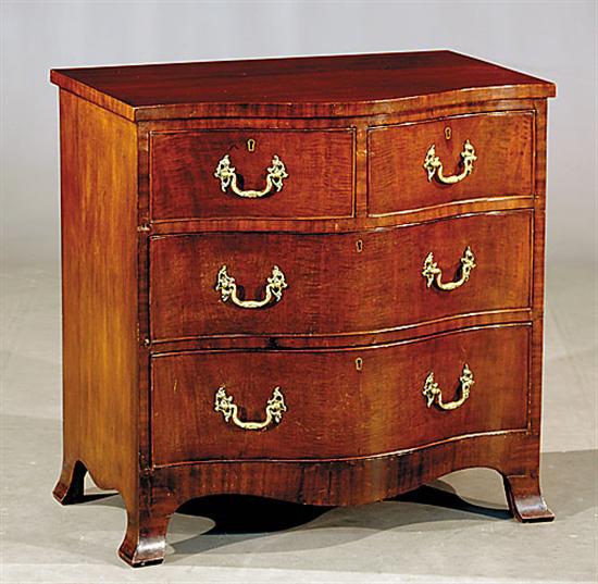 Appraisal: English serpentine mahogany chest of drawers late th centuryshaped top