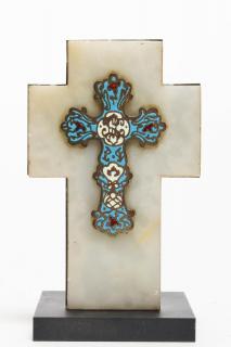 Appraisal: French Champleve Enamel Cross on Onyx Mount Religious article with