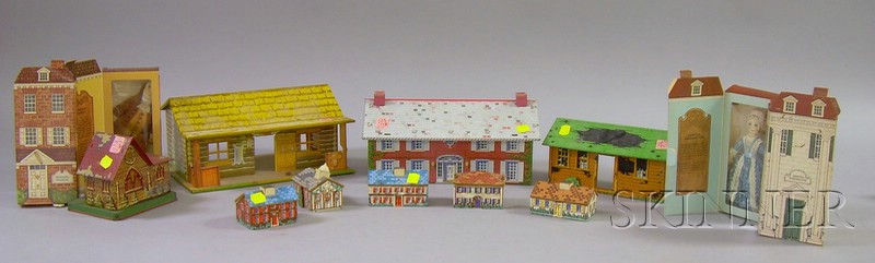 Appraisal: Thirteen Assorted House Toys including five printed paper-clad wooden houses