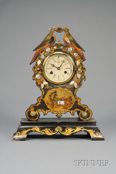 Appraisal: Papier Mach and Mother-of-Pearl Shelf Clock Connecticut gilt paint and