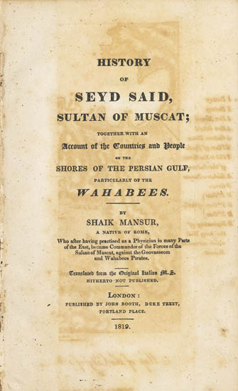 Appraisal: MAURIZI VINCENZO History of Seyd Said Sultan of Muscat together