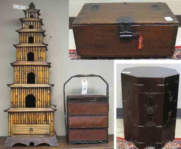 Appraisal: FOUR ORIENTAL DECORATIVE ACCESSORIES bamboo pagoda tower Chinese stacking food