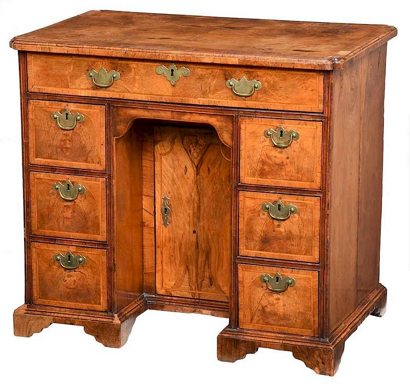 Appraisal: George I Figured Walnut Knee Hole Bureau British early th