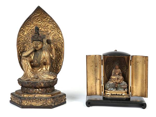 Appraisal: Two Japanese giltwood seated Buddhist figures one of Monju Kannon