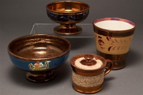 Appraisal: Two English copper lustre footed bowls beaker and mustard pot