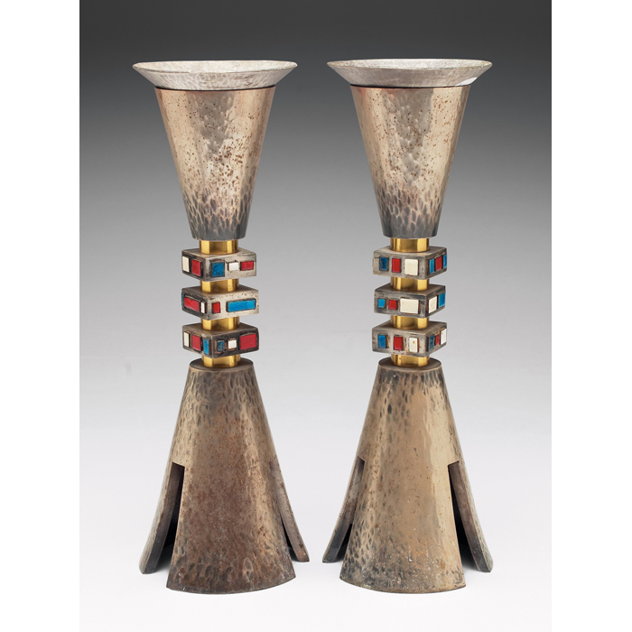 Appraisal: Midcentury candlesticks pair maker unknown large forms in hammered nickel