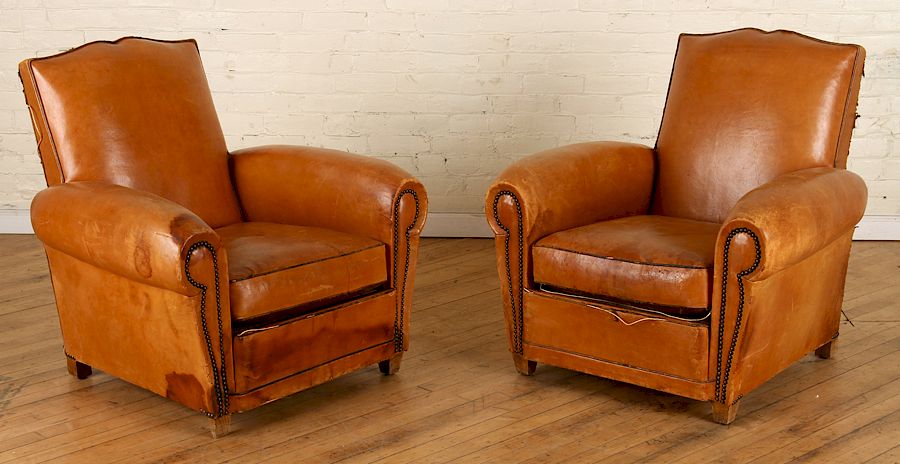 Appraisal: PAIR FRENCH LEATHER CLUB CHAIRS CIRCA A pair of French