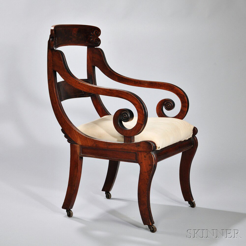 Appraisal: Classical Carved Mahogany Armchair Boston Massachusetts c - the scrolled