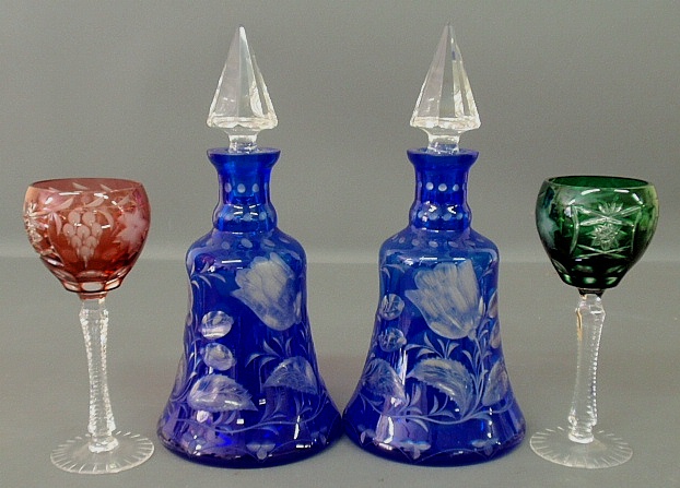 Appraisal: - Pair of Val St Lambert blue-cut-to-clear decanters h and