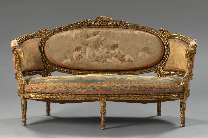 Appraisal: Louis XVI-Style Giltwood Settee fourth quarter th century the padded