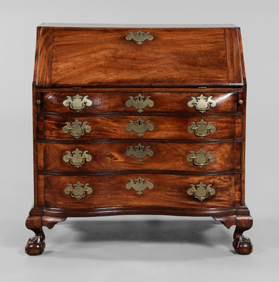 Appraisal: Fine Chippendale Blocked and Serpentine Desk Massachusetts th century figured