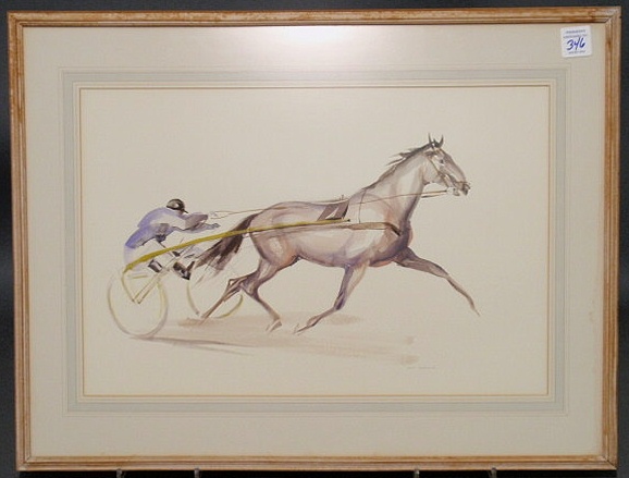 Appraisal: Watercolor painting of a racehorse trotter withsulky and driver and