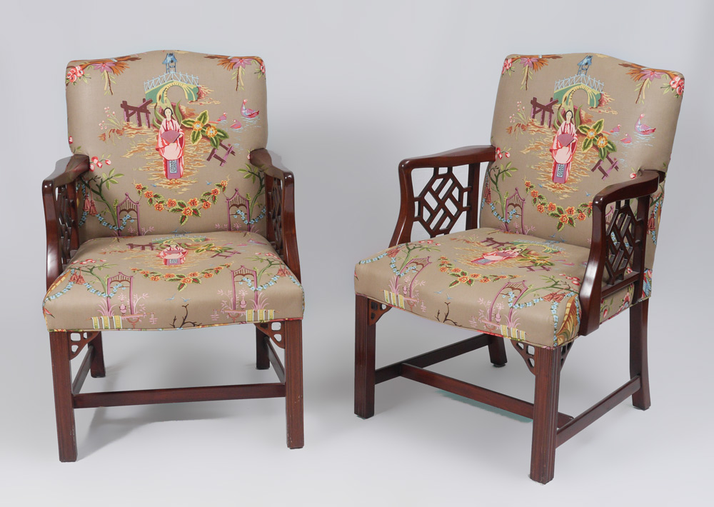 Appraisal: PAIR CHINESE CHIPPENDALE STYLE ARM CHAIRS Shaped arms with geometric