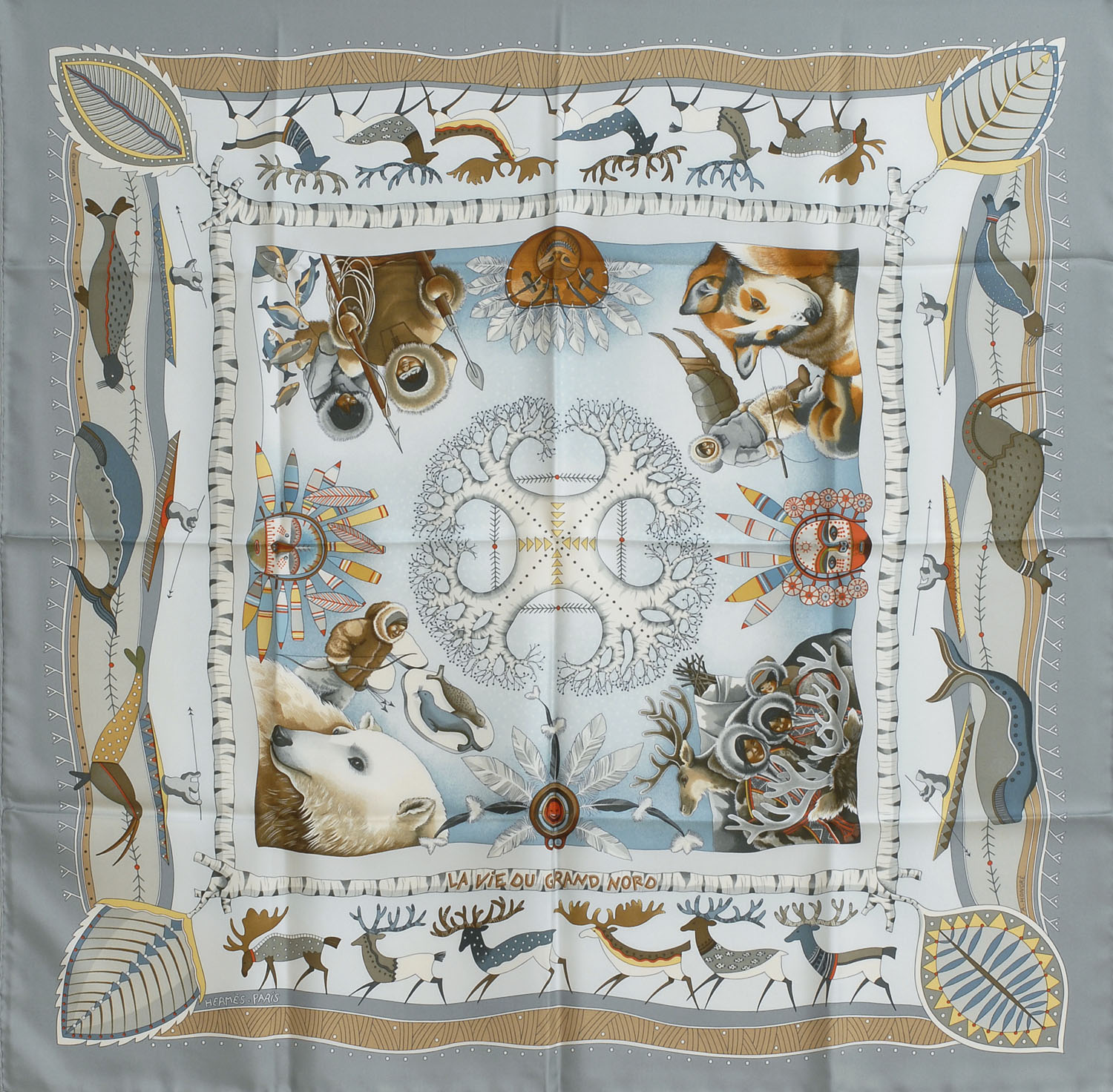 Appraisal: HERM S SILK SCARF La Vie Du Grand Nord depicting