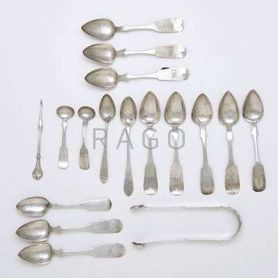 Appraisal: AMERICAN COIN SILVER SPOONS AND TONGS pieces coin silver tongs