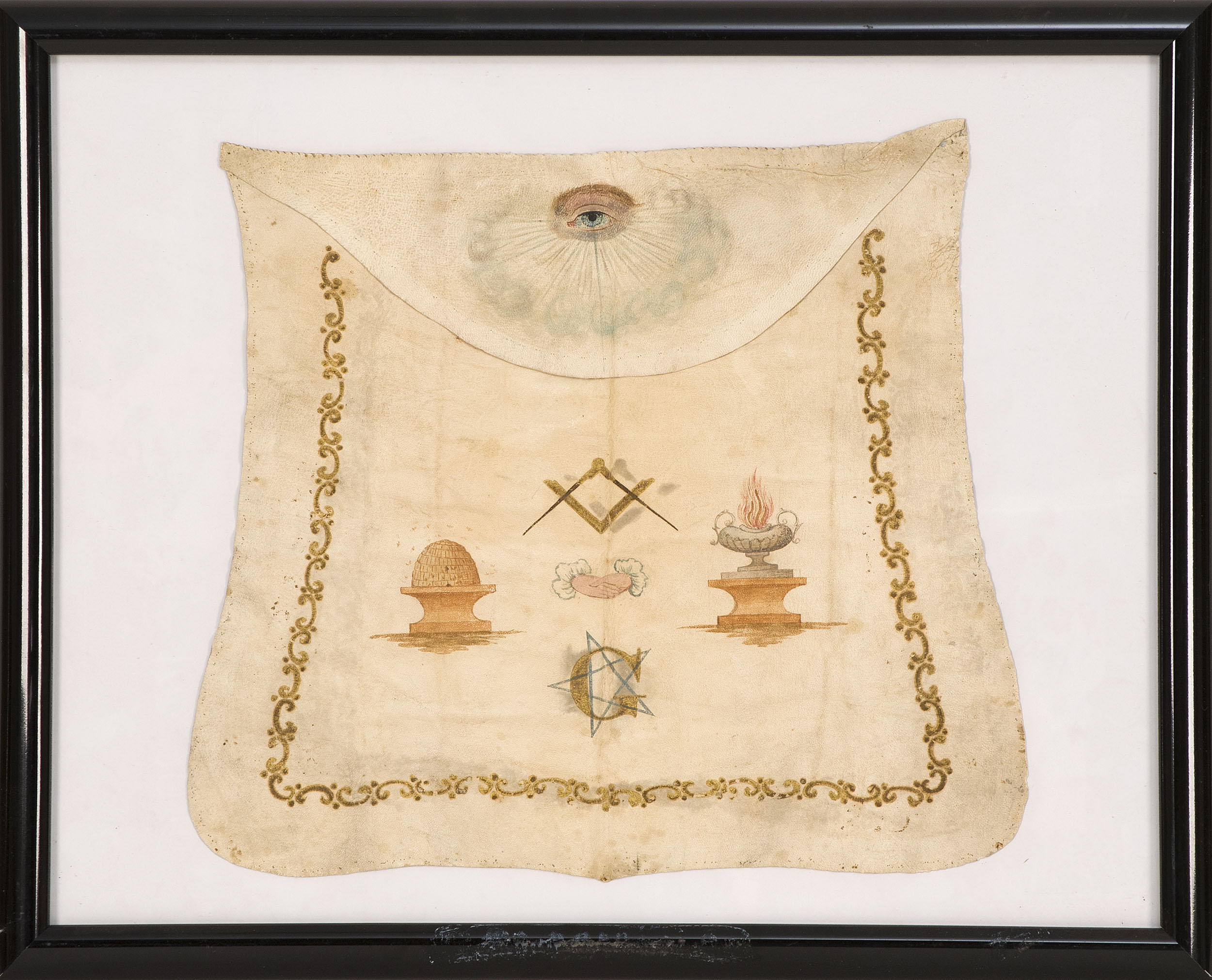 Appraisal: FRAMED EARLY MASONIC APRON Circa sWhite leather with hand-painted emblems