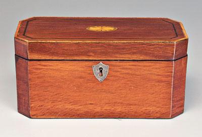 Appraisal: George III inlaid mahogany tea caddy mahogany with highly figured