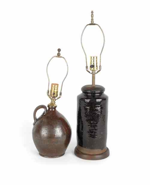 Appraisal: Redware ovoid jug converted to an electric lamp h together