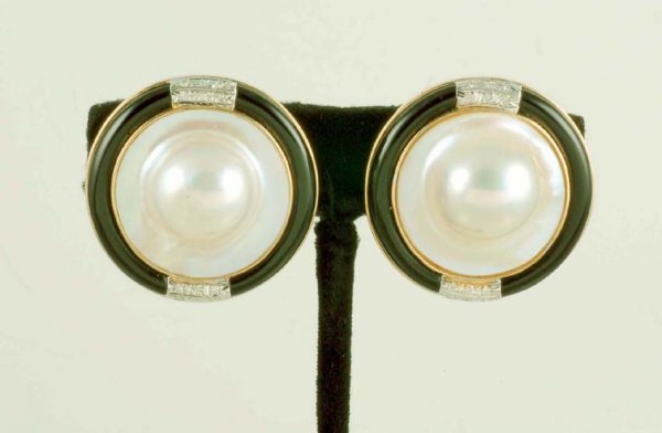 Appraisal: Blister pearl onyx and diamond earrings in marked K yellow