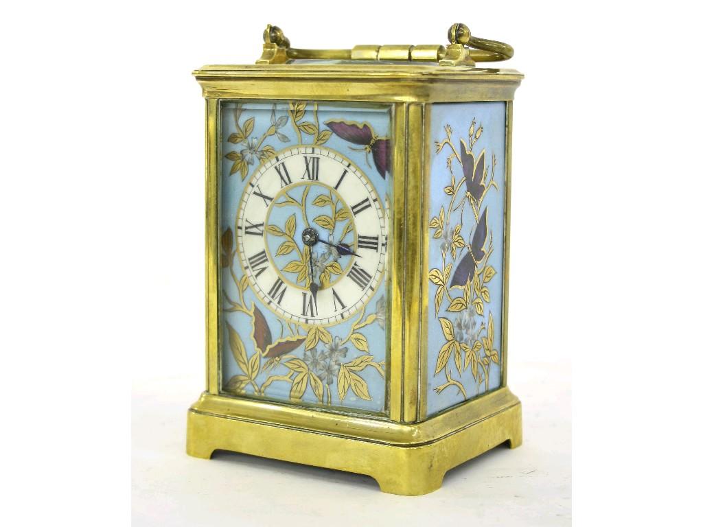 Appraisal: Porcelain panelled carriage clock striking on a gong with four