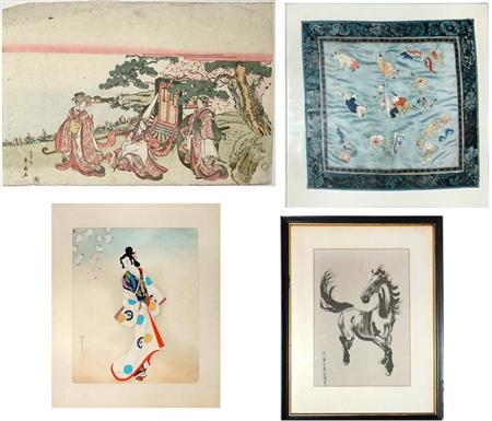 Appraisal: Group of Nine Asian Pictures and Embroidered Silk Panels Some