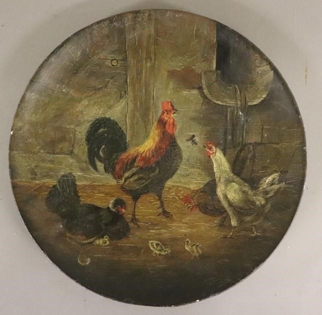 Appraisal: Composition plate with oil painting of chickens pat date verso