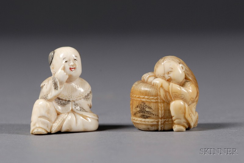 Appraisal: Two Ivory Netsuke th century a Chinese child and a