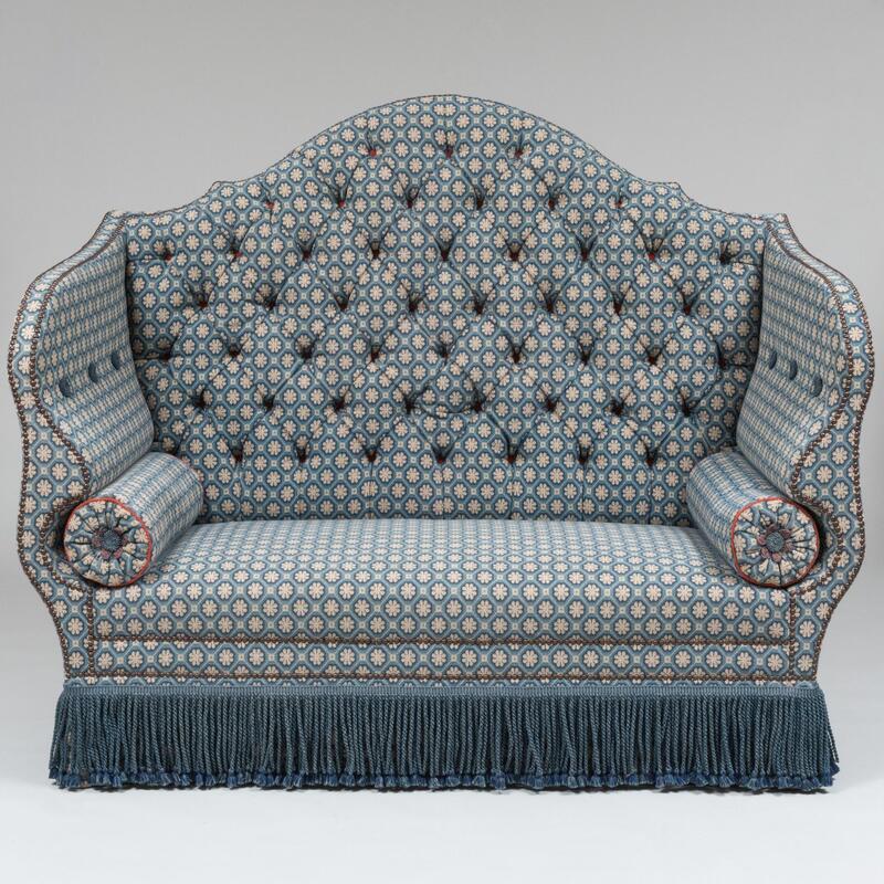 Appraisal: Custom Brass-Studded Tufted Needlework High-Backed Sofa Fitted with two bolsters