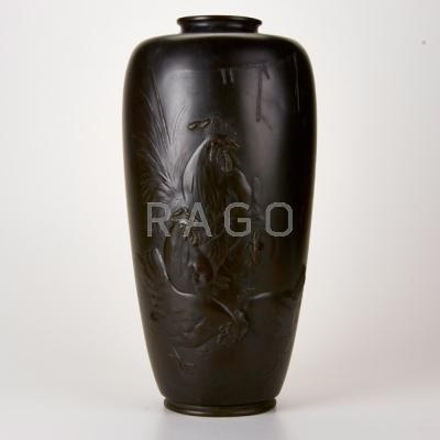 Appraisal: JAPANESE BRONZE Vase with bas-relief carvings of five roosters th