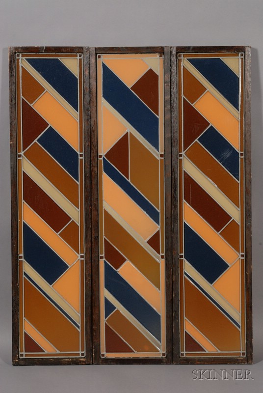 Appraisal: Three Art Deco Mosaic Glass Window Panels Glass metal and