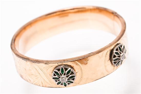 Appraisal: Victorian K yellow gold diamond and emerald bangle bracelet diamonds