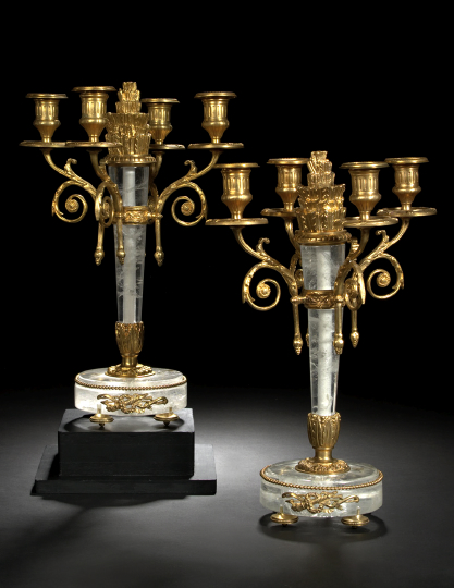 Appraisal: Pair of French Gilt-Brass-Mounted Rock Crystal Four-Light Candelabra in the