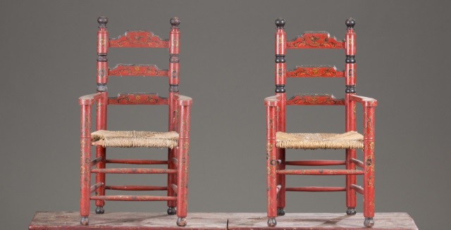 Appraisal: Pair of th c Dutch Folkart Children's Armchairs Rush seats