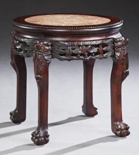 Appraisal: Chinese Carved Mahogany Marble Top Tabouret early th c the