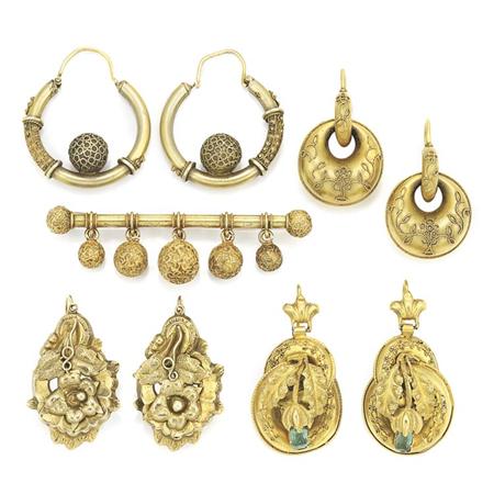 Appraisal: Four Pairs of Antique Gold Earrings and Brooch Estimate -