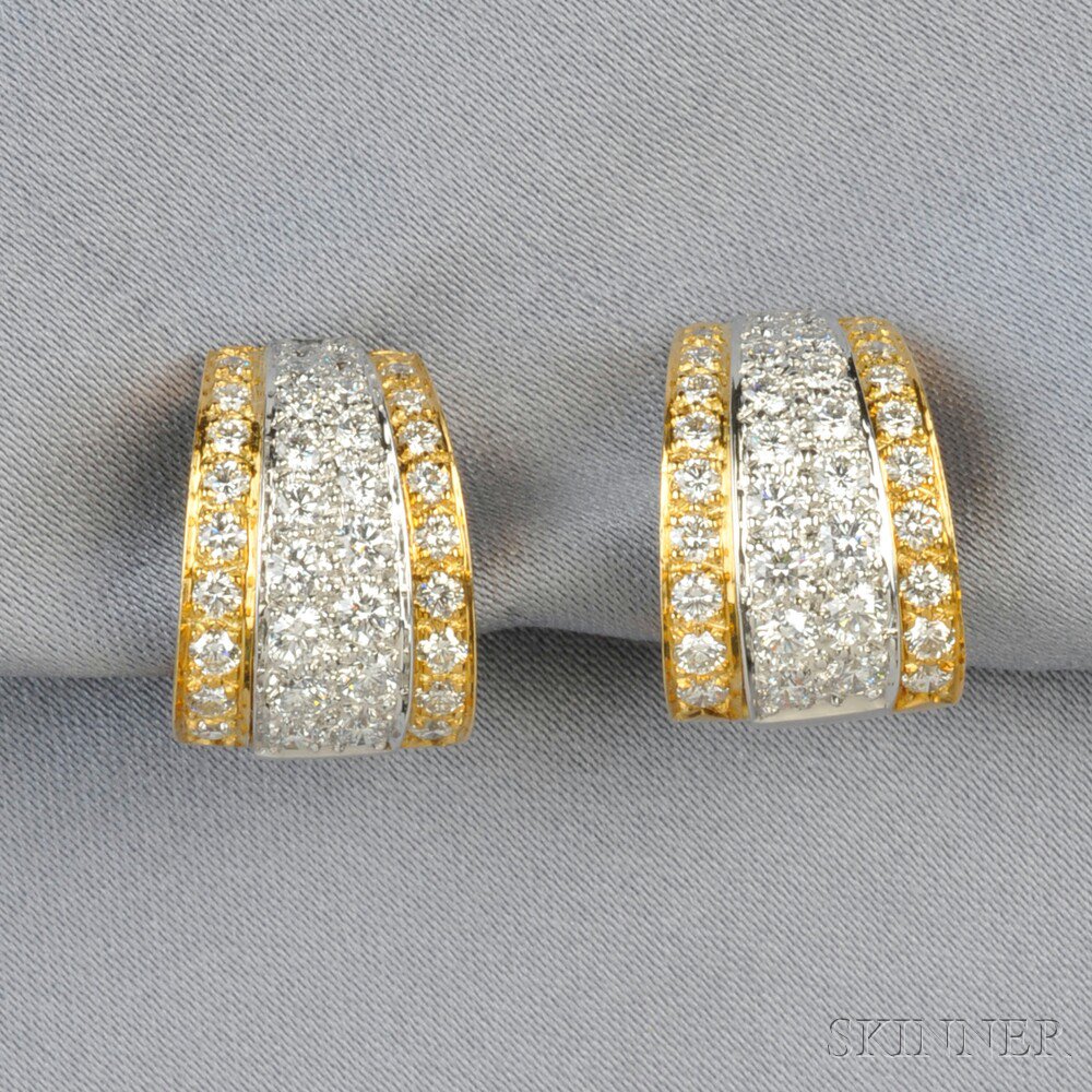 Appraisal: kt Bicolor Gold and Diamond Earclips Dankner each half hoop