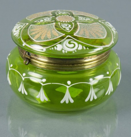 Appraisal: Moser Bohemian Powder JarHinged lid Green body decorated with enameled