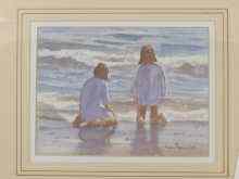 Appraisal: A watercolour of two girls kneeling in the surf signed