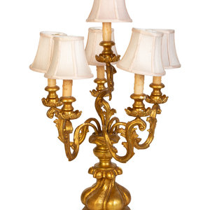 Appraisal: A Contemporary Giltwood Six-Light Table Lamp th Century Height inches