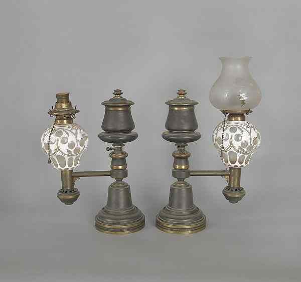 Appraisal: Pair of American patinated bronze Argand lamps mid th c