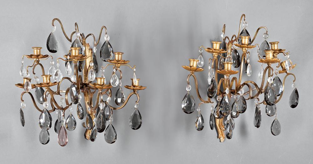 Appraisal: Pair of French Art Moderne Metal and Faceted Crystal Seven-Light