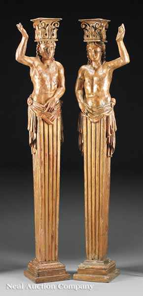 Appraisal: A Pair of Continental Neoclassical Carved and Gilded Herm Figures