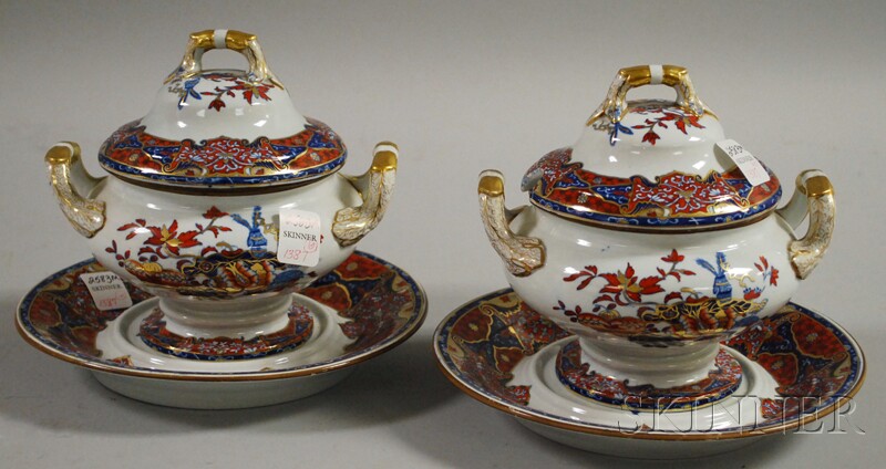 Appraisal: Pair of Spode Imari-palette Ironstone Covered Sauce Tureens with Underplates