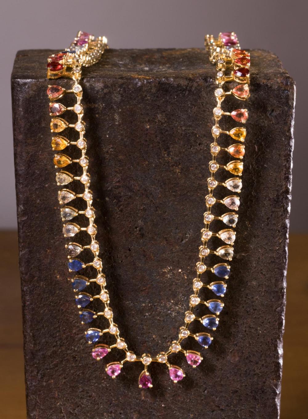 Appraisal: MULTI COLOR SAPPHIRE AND DIAMOND NECKLACE The k yellow gold