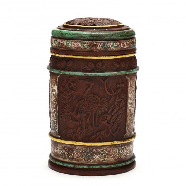 Appraisal: A CHINESE YIXING STYLE CERAMIC TEA CADDY th century cylinder