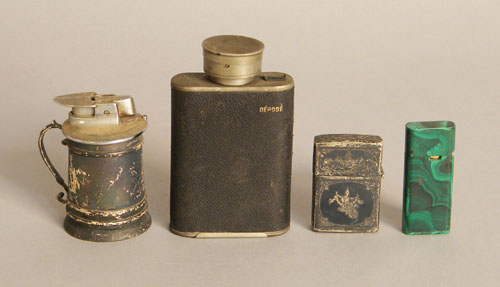 Appraisal: Two sterling silver lighters th c together with a flask